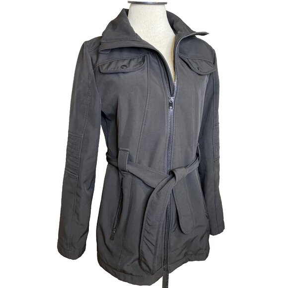 London Fog Womens Soft Shell Belted Zip Up Hooded Trench Style Black Jacket - Picture 1 of 10